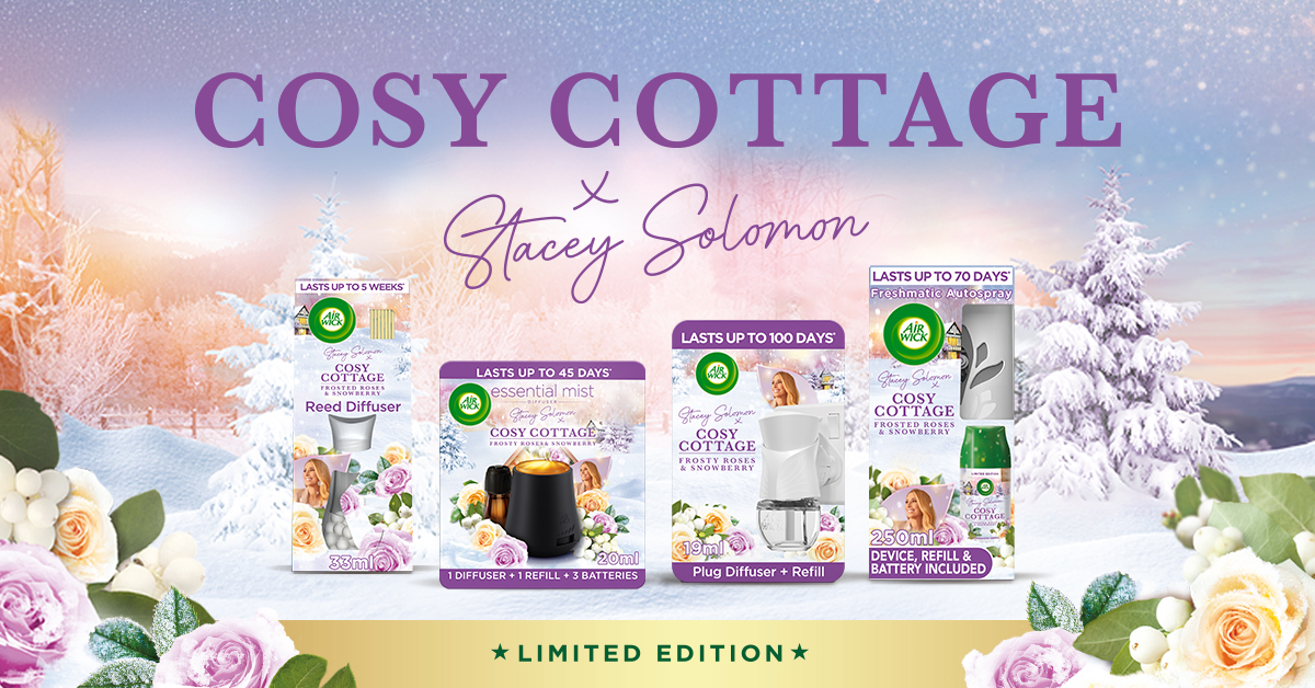 Air Wick Stacey Solomon COSY COTTAGE Collection: Stacey Solomon presenting Serene Sunset Magnolia & Vanilla Fragrance, Liquid Electrical and Reed Diffuser